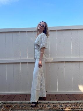 Vintage Blouse Cream Lace Button Up Balloon Sleeve